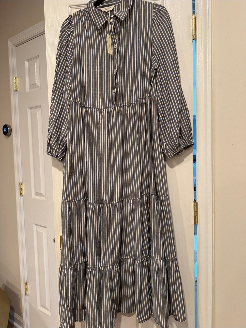 Striped Tiered Shirt Dress - Gray/White